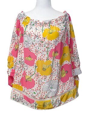 TRINA TURK Silk Floral Off The Shoulder Blouse Size M Ruffle Poppy Dot Boho